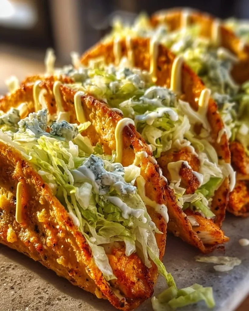 Dill Pickle Ranch Smash Chicken Tacos topped with crispy cheese garnish.