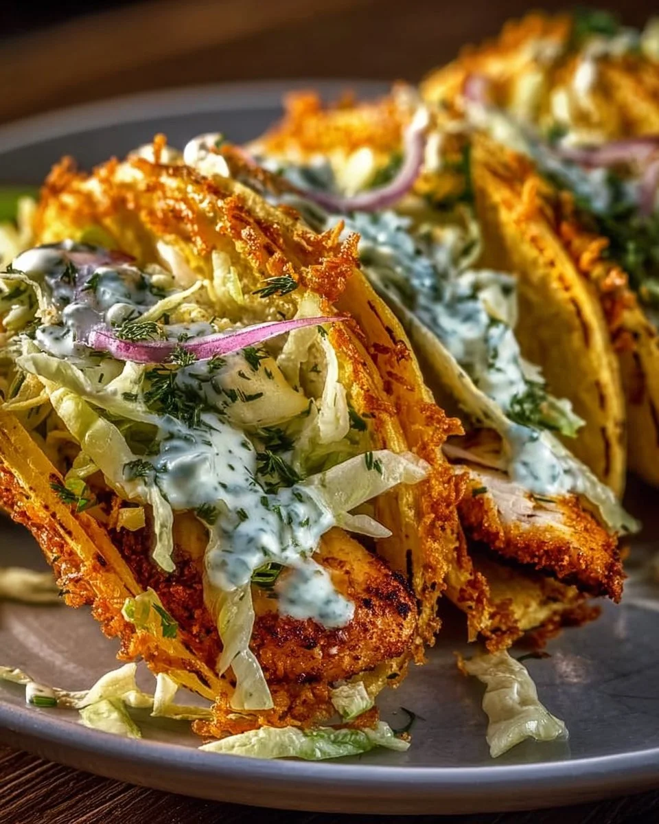 Dill Pickle Ranch Smash Chicken Tacos with Crispy Cheese Delight