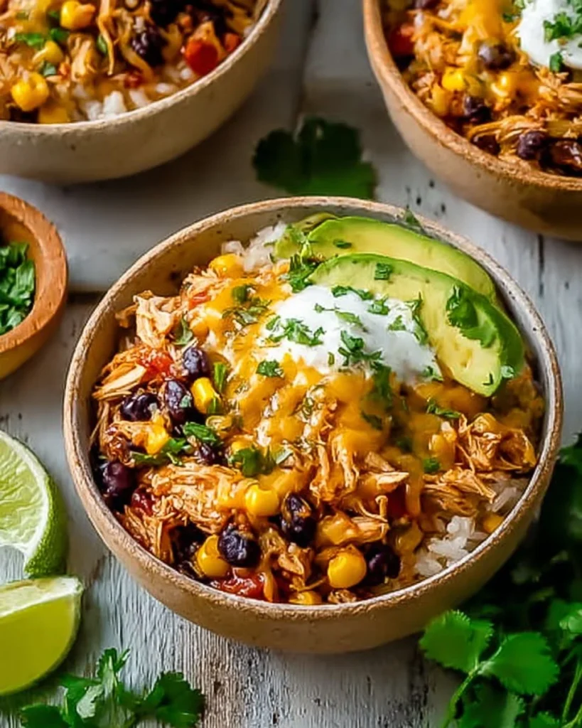 Delicious easy chicken taco rice bowls topped with fresh ingredients.