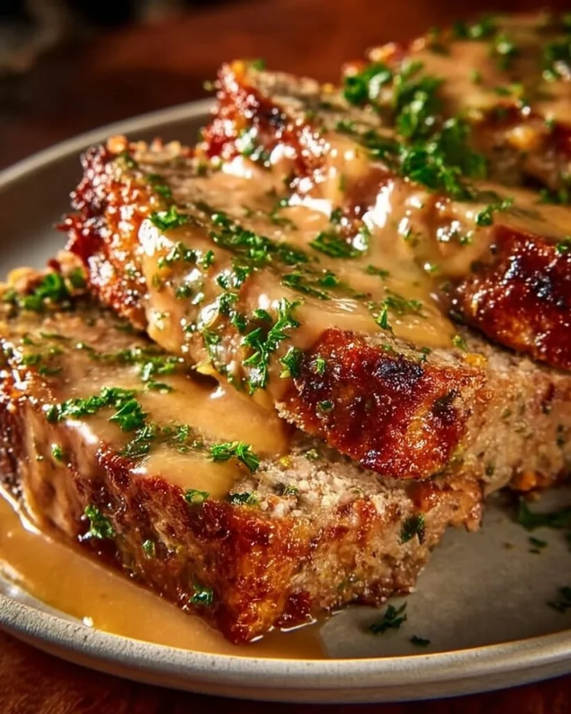 Delicious Garlic Parmesan Meatloaf sliced and served on a plate