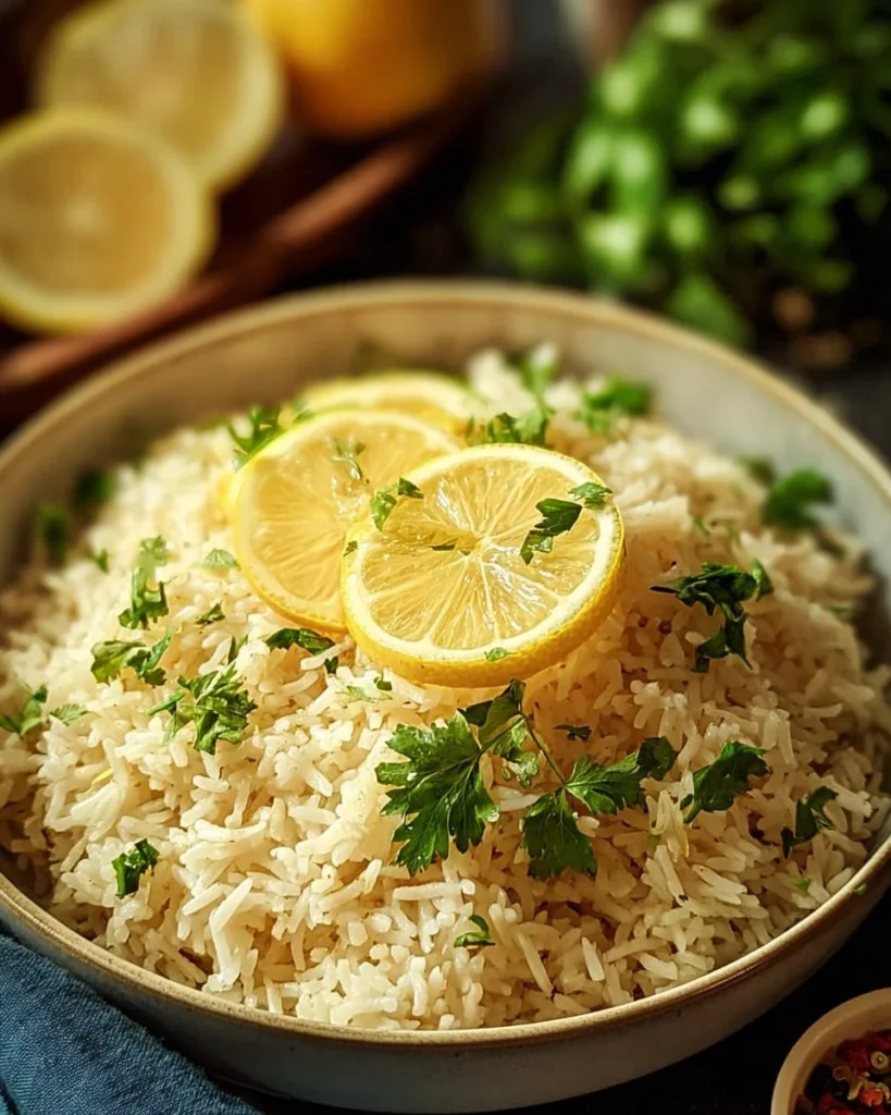 Bowl of Greek Lemon Rice garnished with lemon and herbs, a vibrant Mediterranean dish.