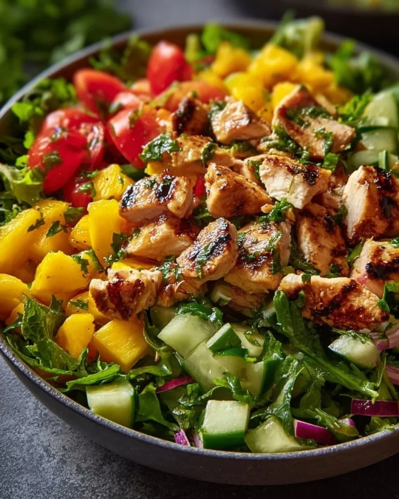 Bowl of colorful Hawaiian Chicken Salad with chicken, pineapple, and greens