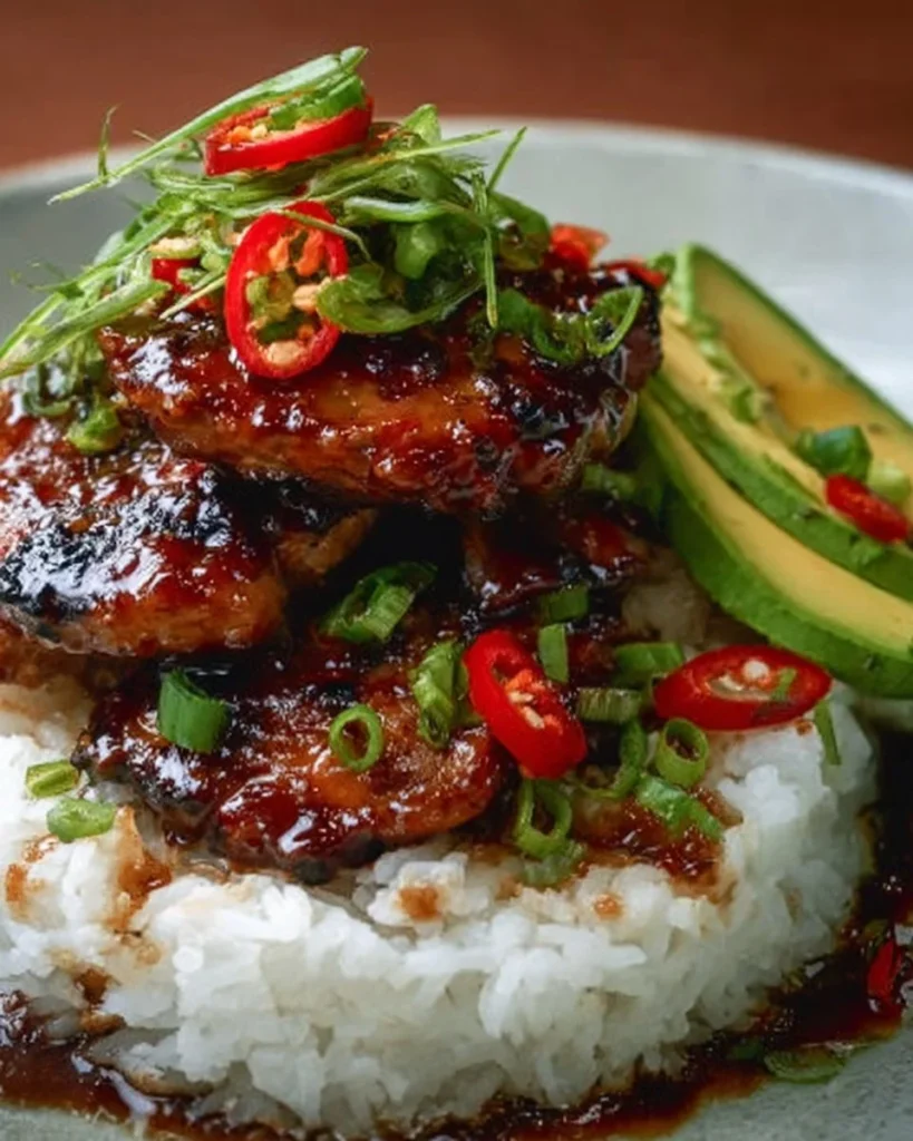 Delicious Hawaiian Huli Huli Chicken Stack with tropical flavors