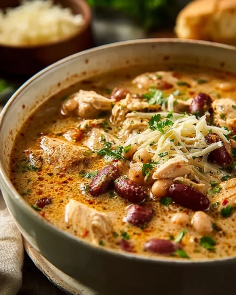 Bowl of Hearty Cajun White Chicken Chili with toppings