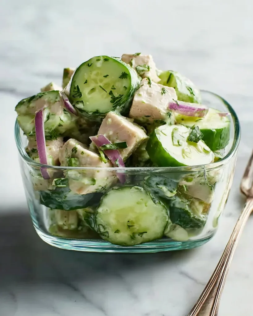 High protein cucumber salad with fresh vegetables and dressing
