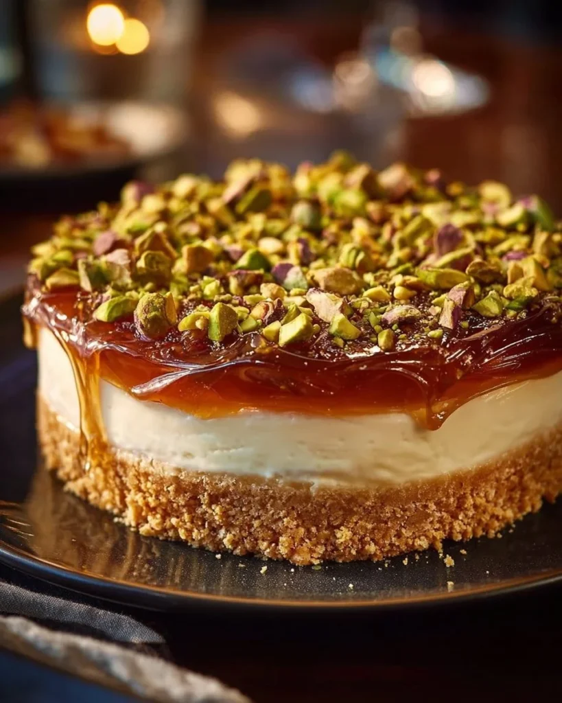 Delicious Honey Pistachio Baklava Cheesecake topped with nuts and honey syrup.