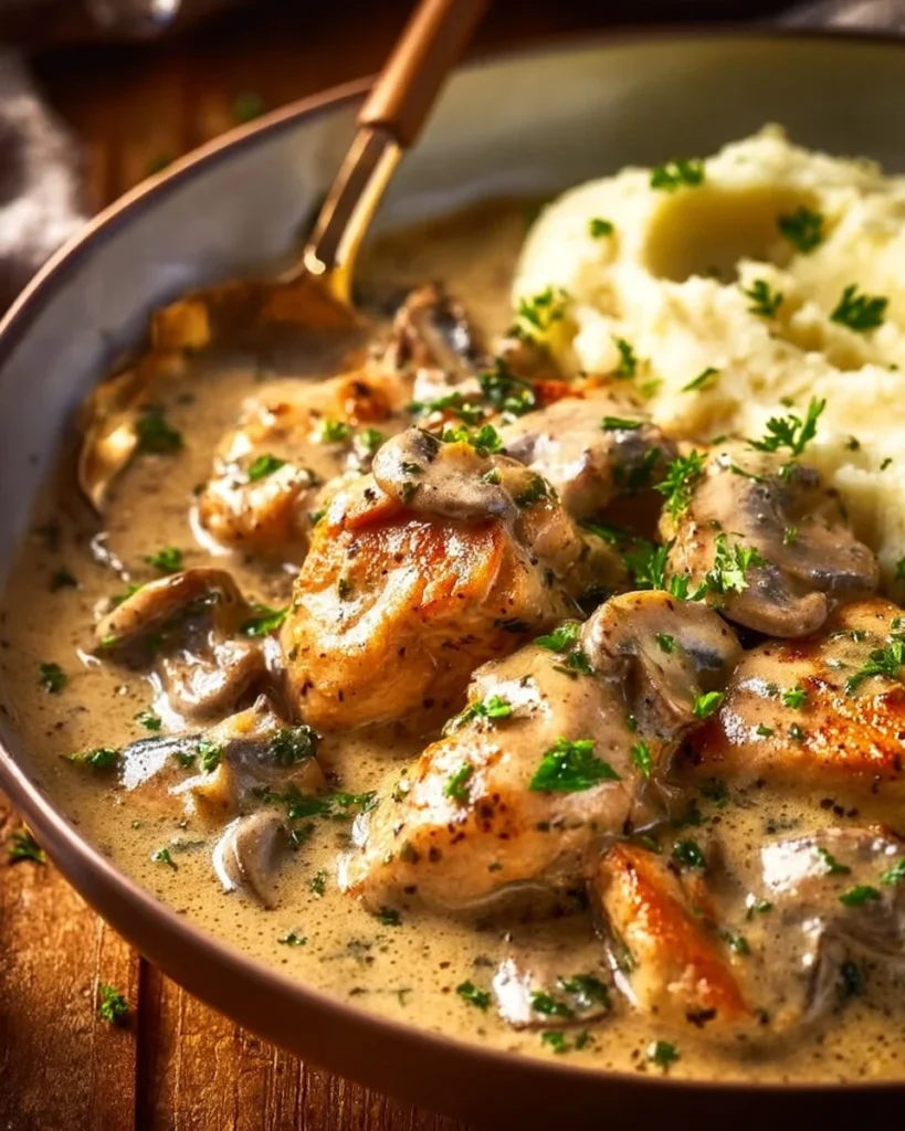 Creamy Chicken Stroganoff served with pasta and garnished with herbs.