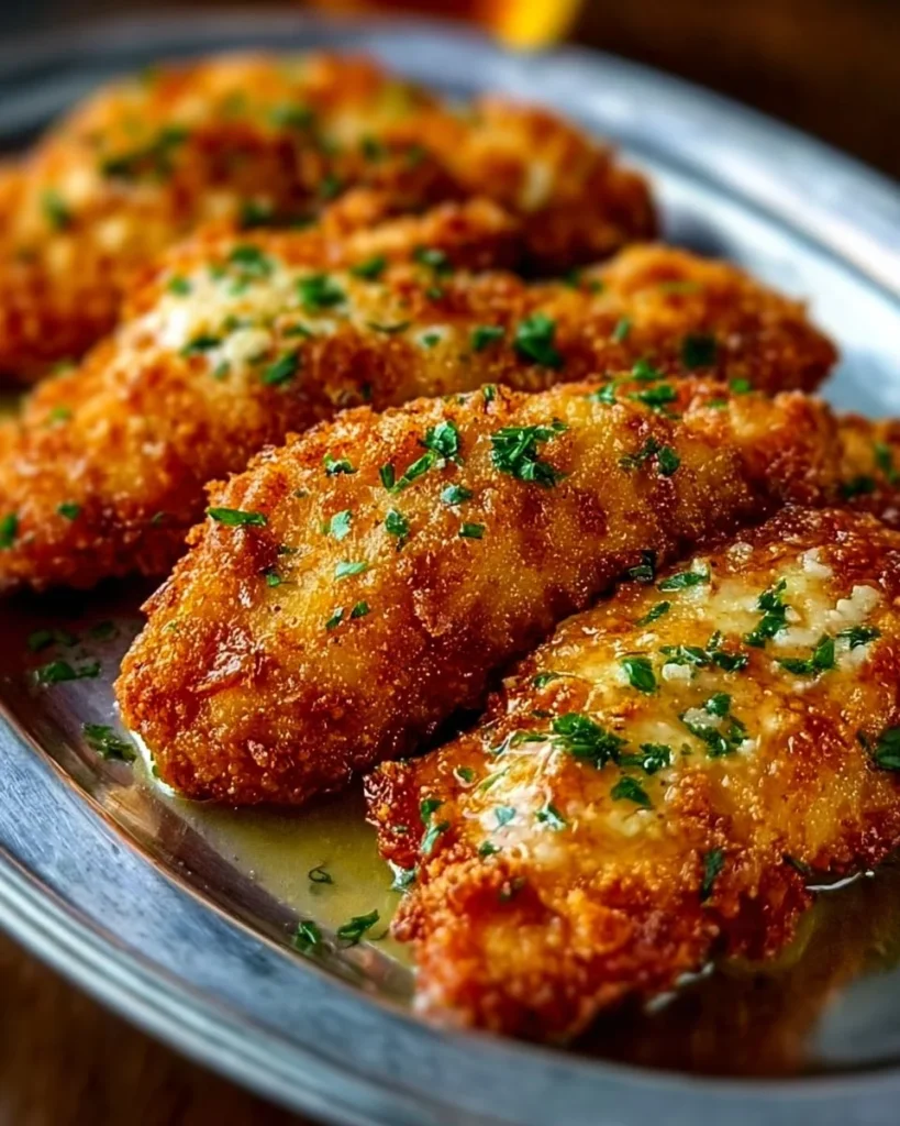 Plate of irresistible lemon garlic parmesan chicken tenders garnished with herbs