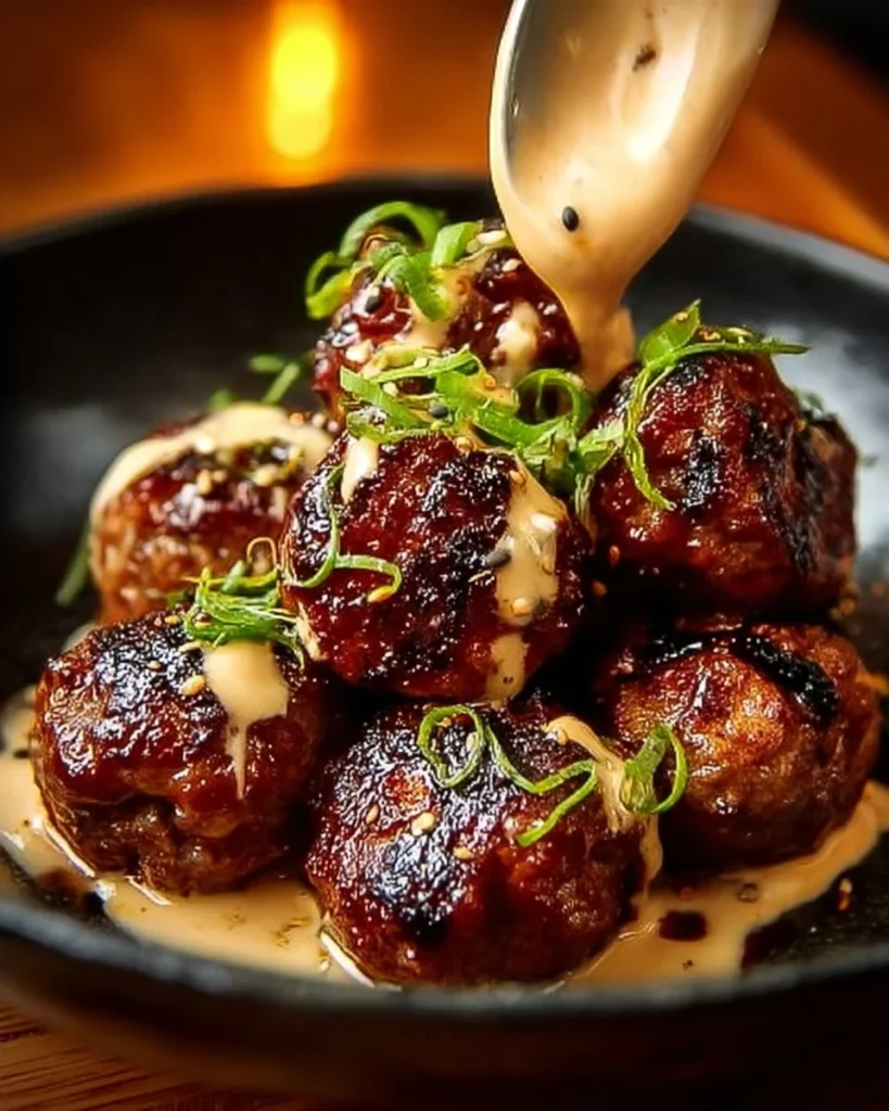 Delicious Korean BBQ Meatballs served with a spicy mayo dip