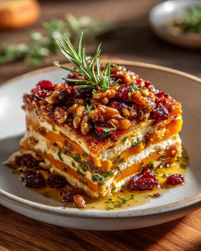 Layered sweet potato lasagna with butternut squash and carrot in a casserole dish