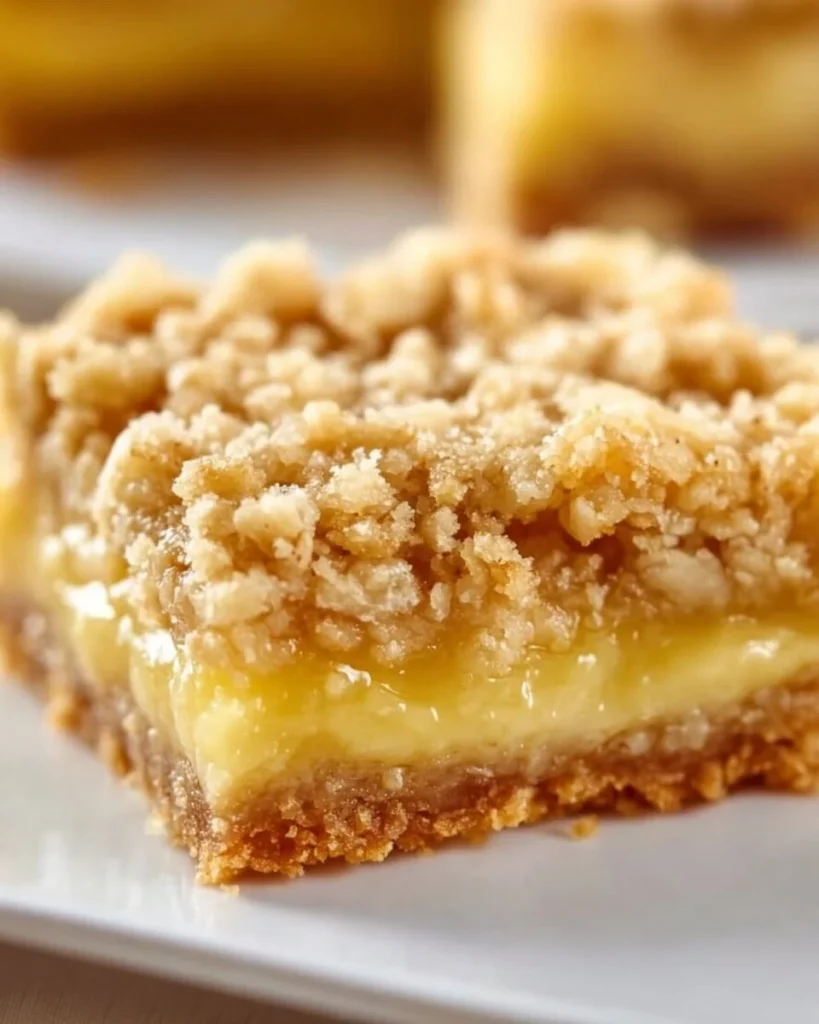 Delicious Lemon Oatmeal Crumble Bars on a plate, topped with fresh lemon zest.