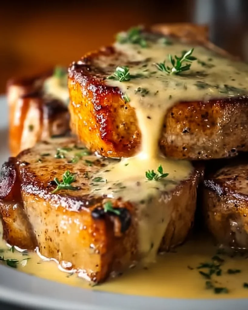 Delicious Maple Bacon Pork Chops served with Dijon cream sauce