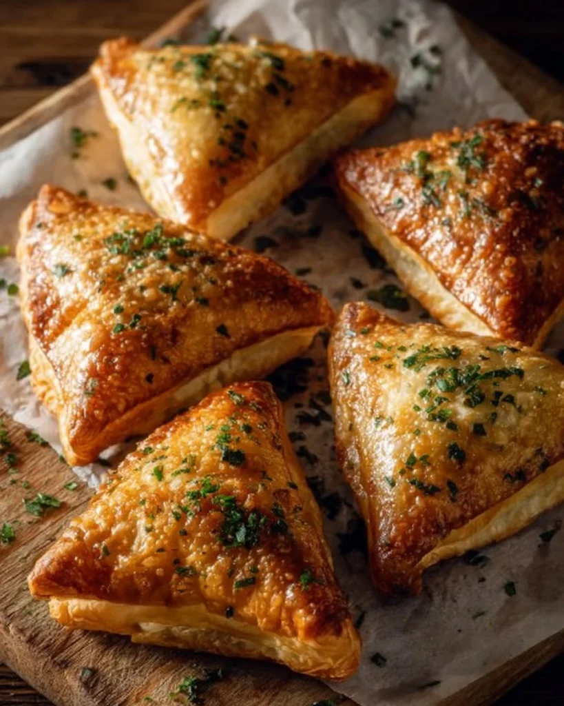 Moroccan spiced chicken pastries served on a plate with herbs