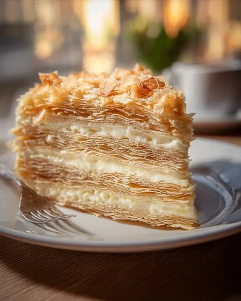 A delicious Russian Napoleon Cake with layers of pastry and cream filling.