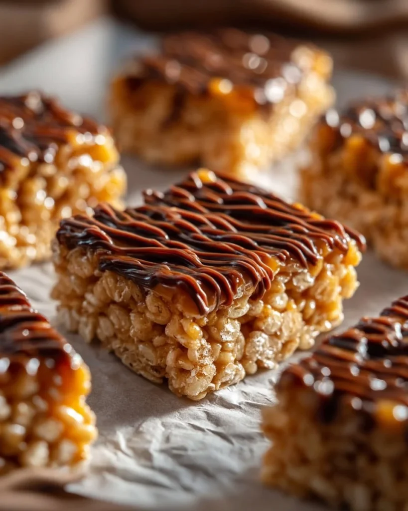 Delicious salted caramel rice krispie treats on a decorative plate