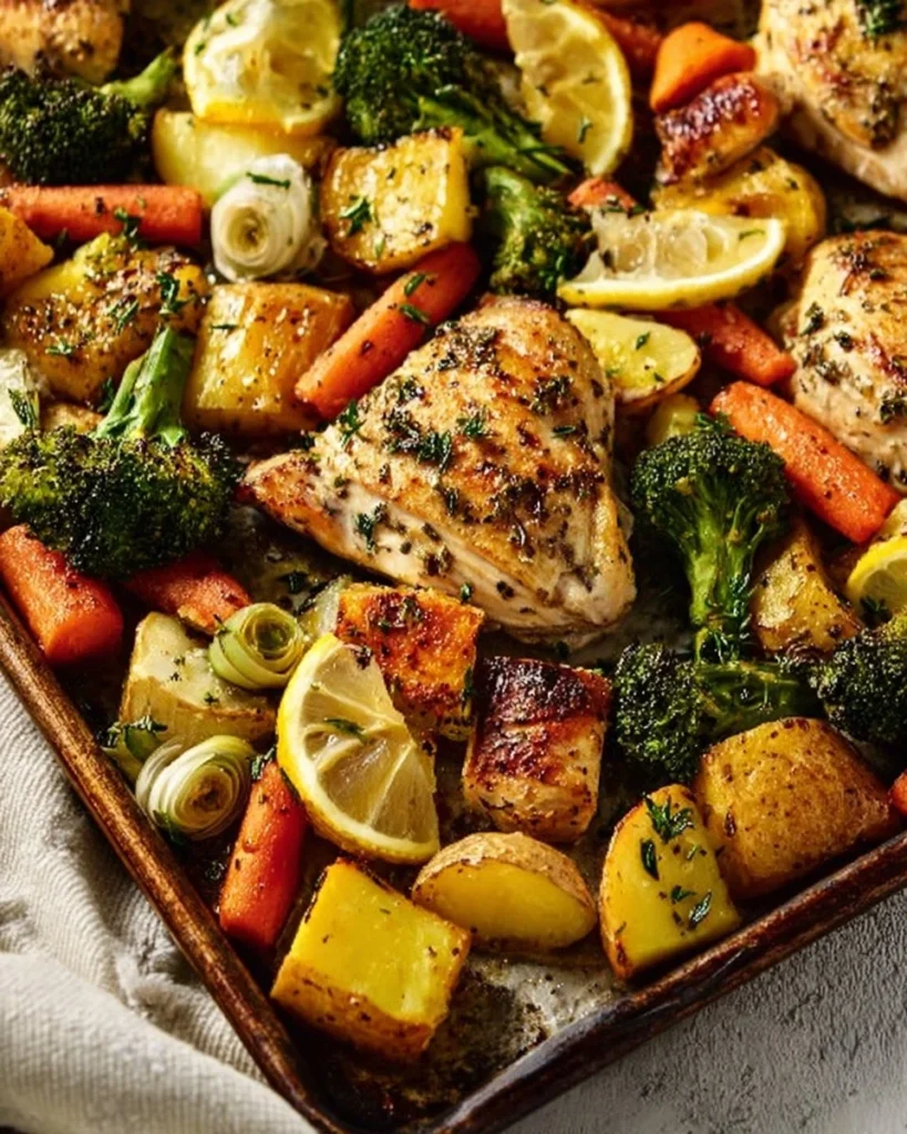 Sheet pan featuring lemon herb chicken and colorful vegetables roasted together.