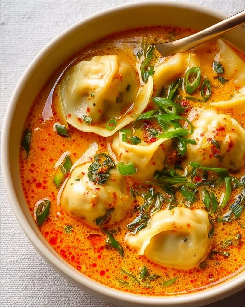 Bowl of simple coconut curry soup with dumplings garnished with fresh herbs