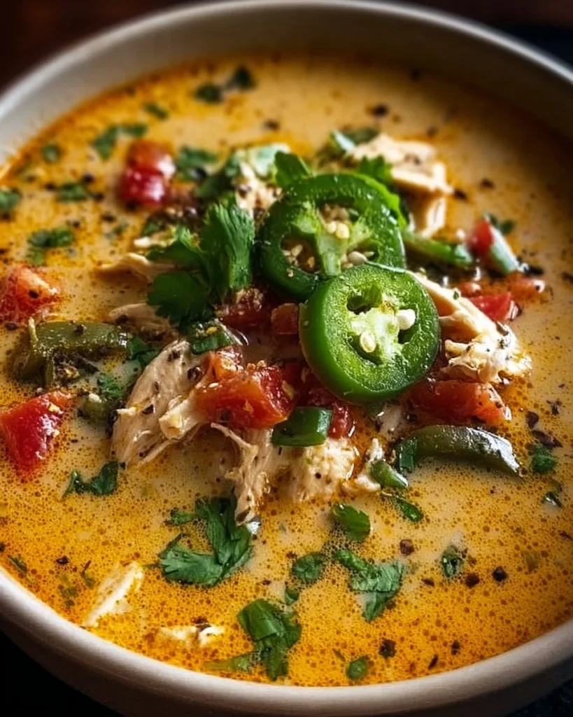 Bowl of spicy jalapeño popper chicken soup garnished with cheese and jalapeños