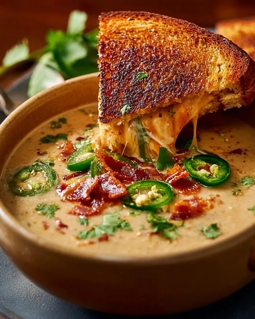 Bowl of spicy jalapeño popper soup with grilled cheese dippers