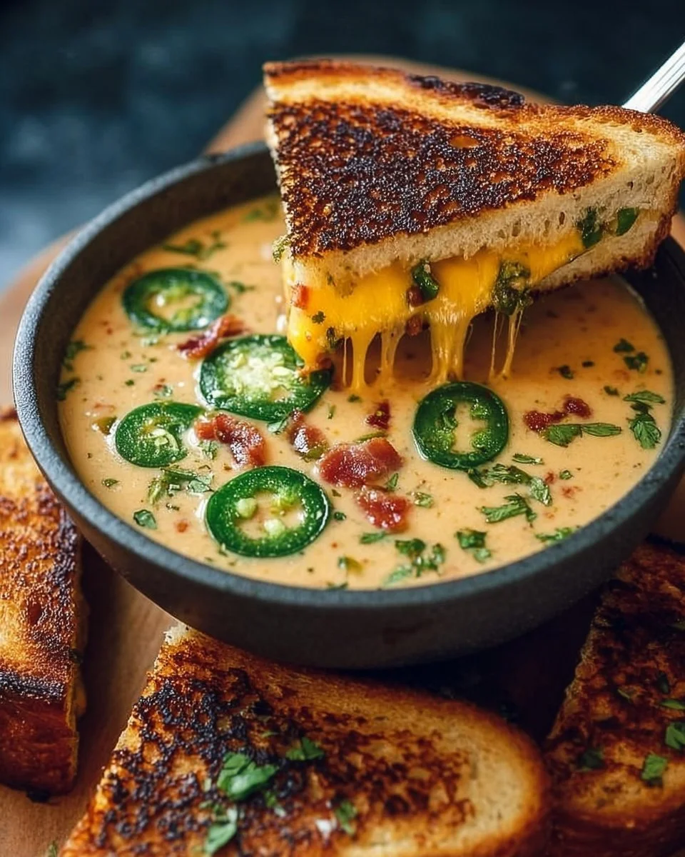 Spicy Jalapeño Popper Soup with Grilled Cheese Dippers