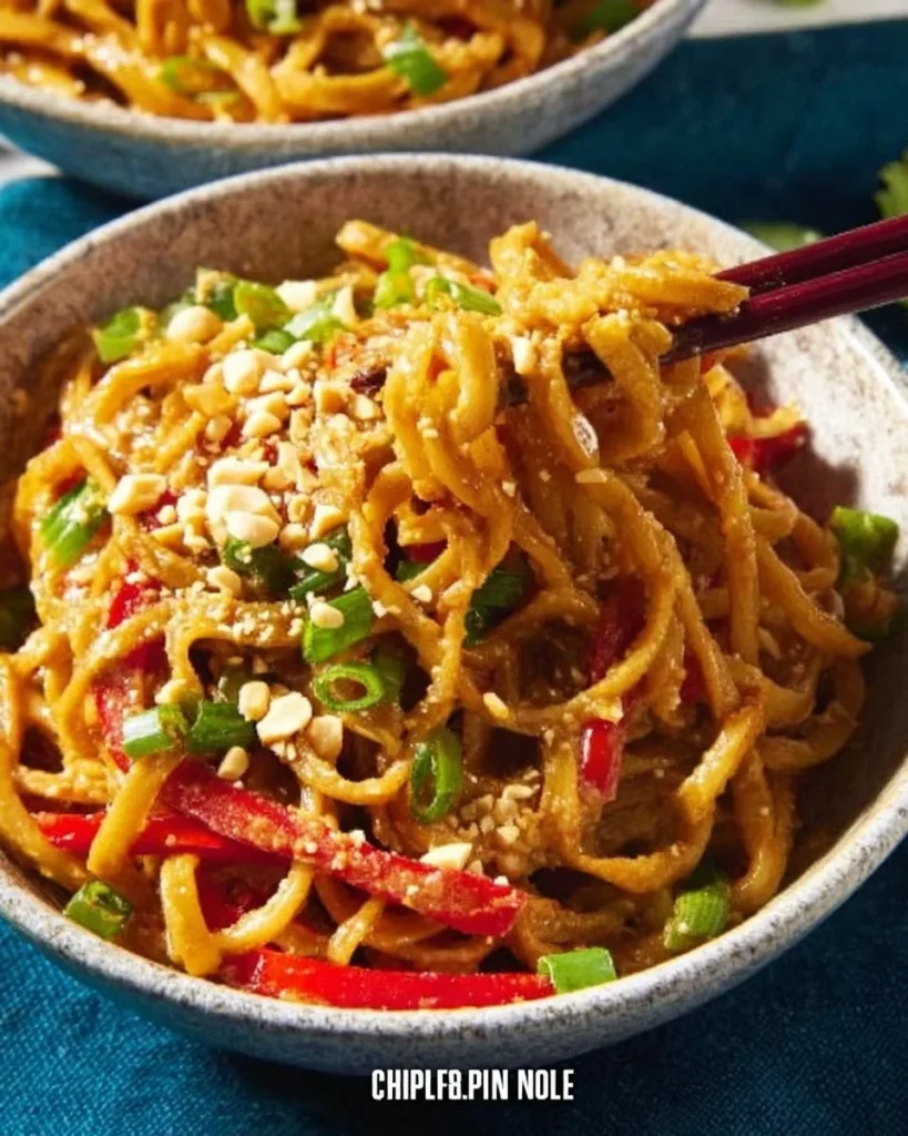 Delicious Thai Peanut Noodles garnished with vegetables and peanuts