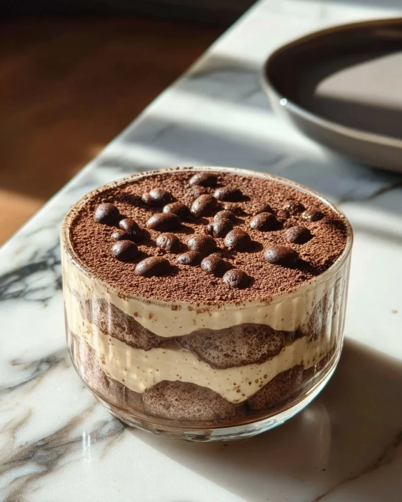 Delicious tiramisu chia pudding served in a glass, topped with cocoa powder