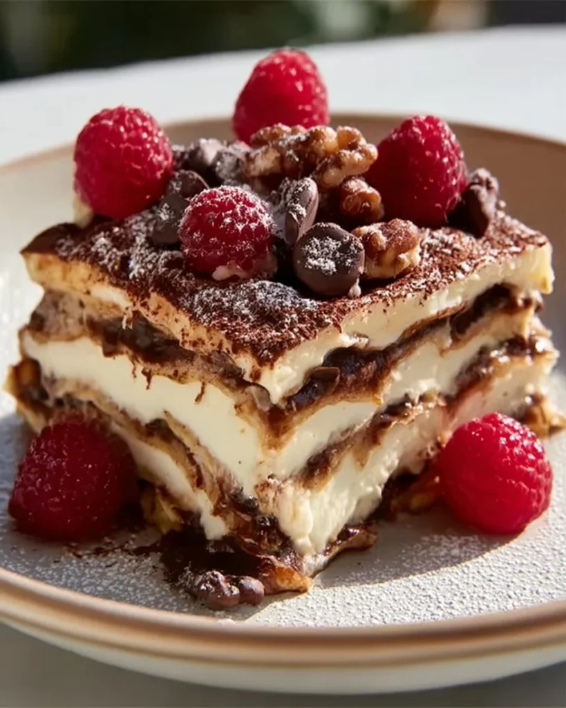 A delicious Turtle Lasagna dessert layered with caramel, chocolate, and pecans.