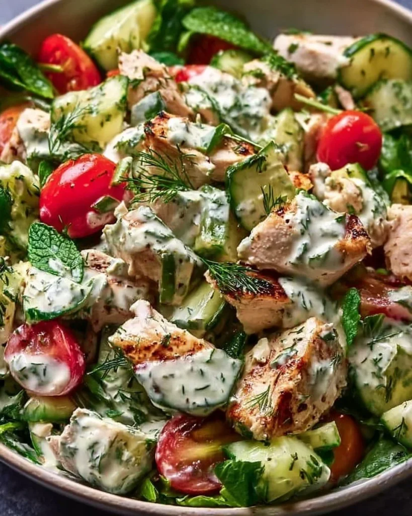 Delicious Tzatziki Chicken Salad served in a bowl with fresh ingredients