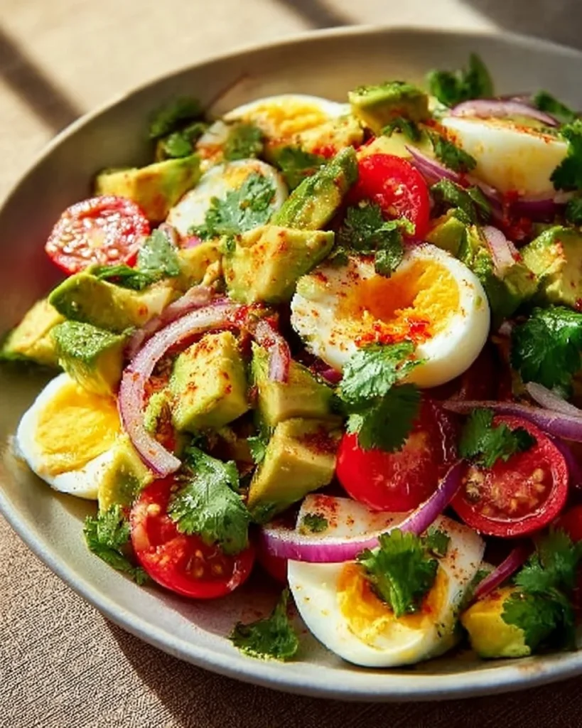 Healthy Workout Egg Avocado Salad with fresh ingredients