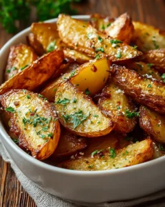 Crispy lemon Greek potatoes served in a traditional dish