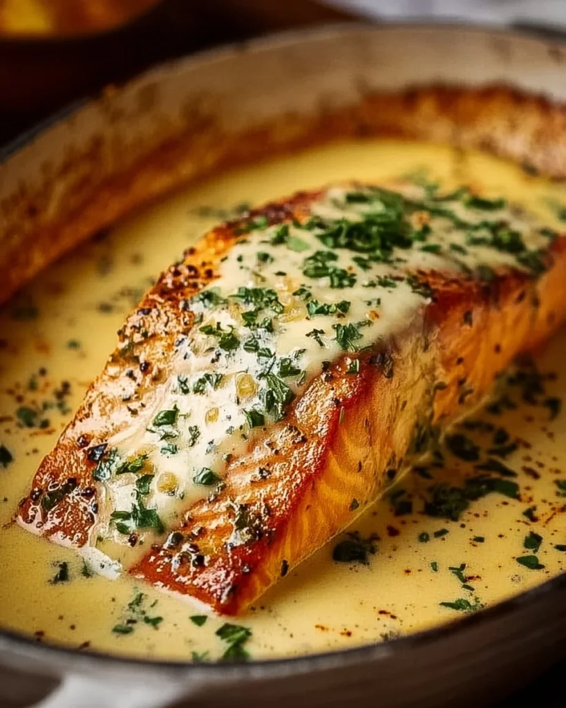 Baked Boursin Salmon topped with herbs and cheese, ready to serve.