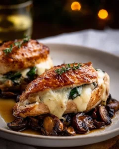 Baked mushroom stuffed chicken breast garnished with herbs on a plate