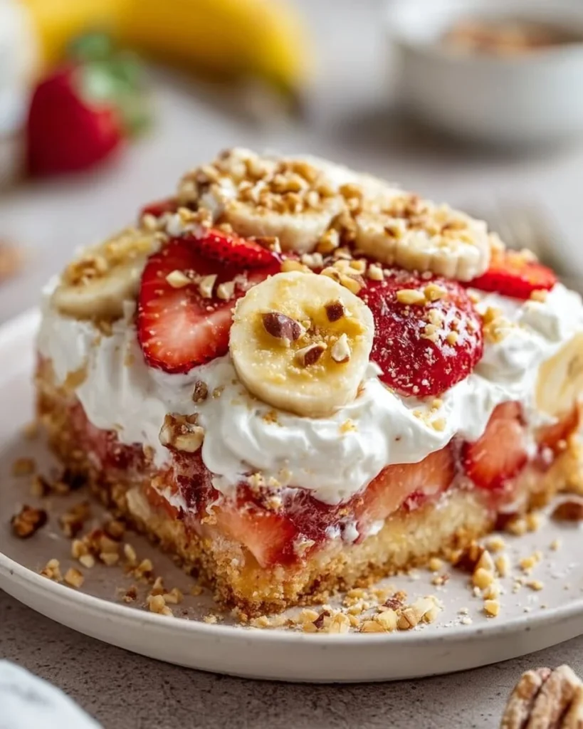 Delicious Banana Split Dump Cake topped with whipped cream and cherries