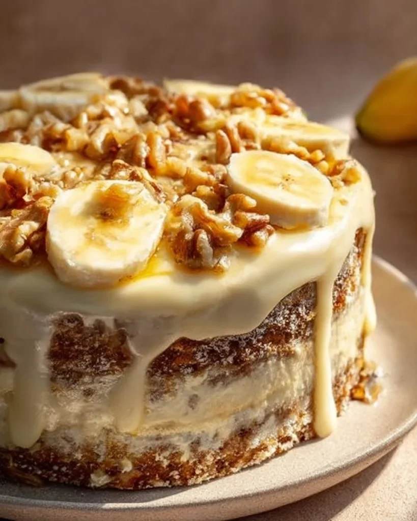 Delicious slice of banana walnut cake topped with walnuts and banana slices