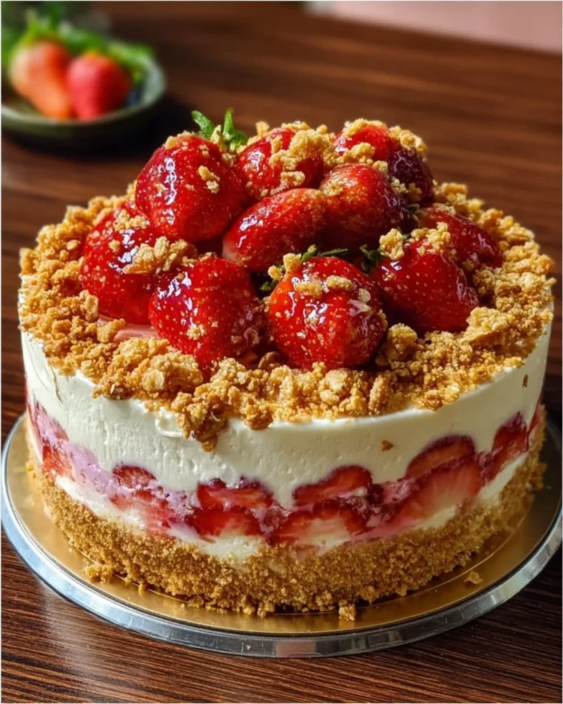 Berrylicious Strawberry Crunch Cheesecake topped with fresh strawberries
