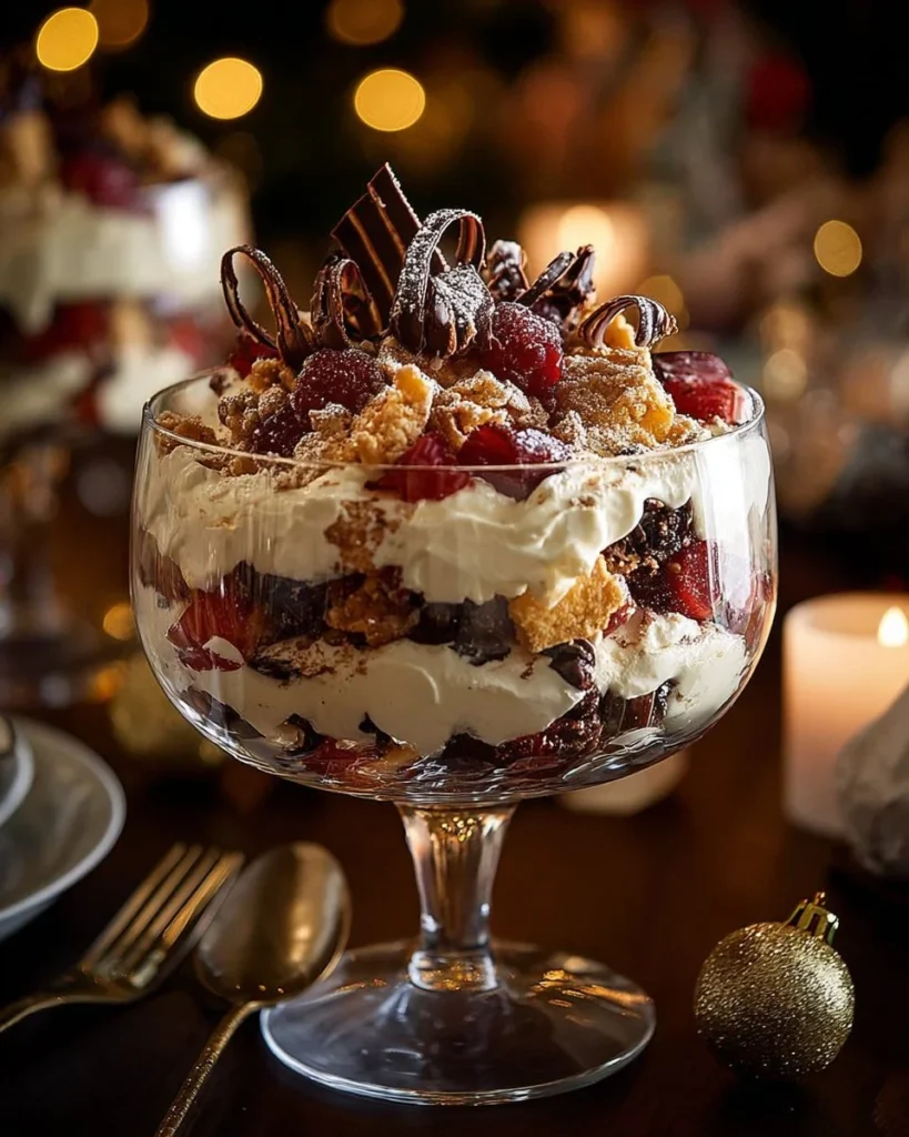 Delicious Black Forest Trifle dessert with chocolate, cherries, and cream