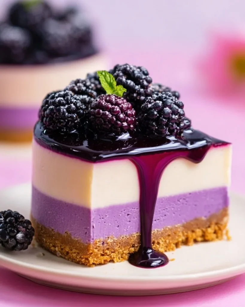 Delicious slice of blackberry cheesecake topped with fresh blackberries.