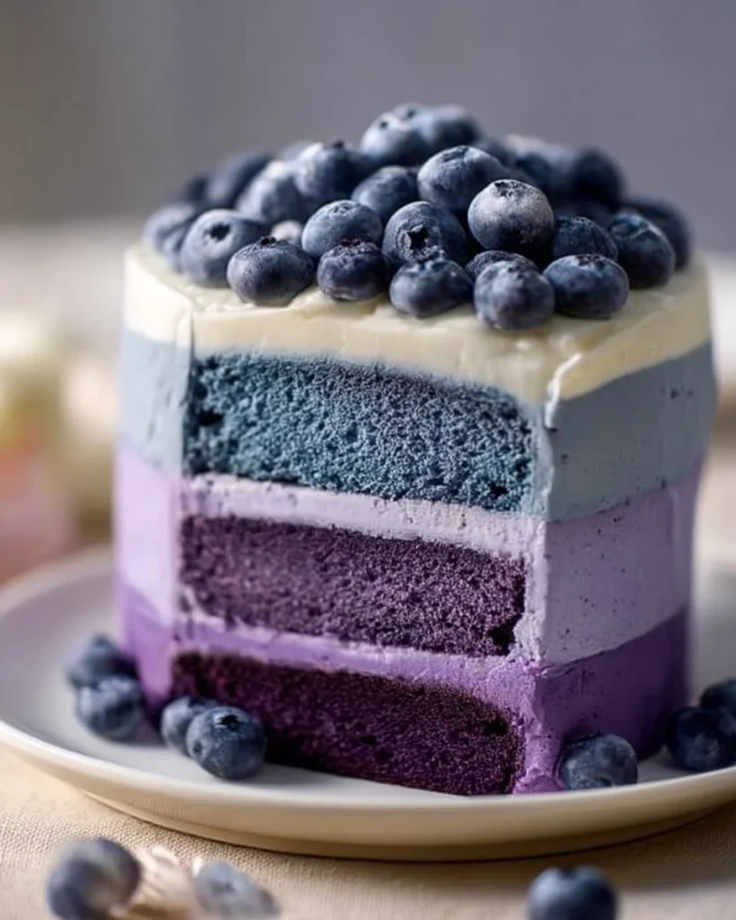 A slice of Blueberry Velvet Cake decorated with fresh blueberries and cream.