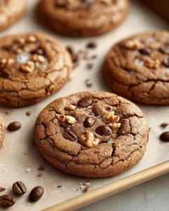 Delicious brown butter coffee toffee cookies displayed on a rustic wooden table.