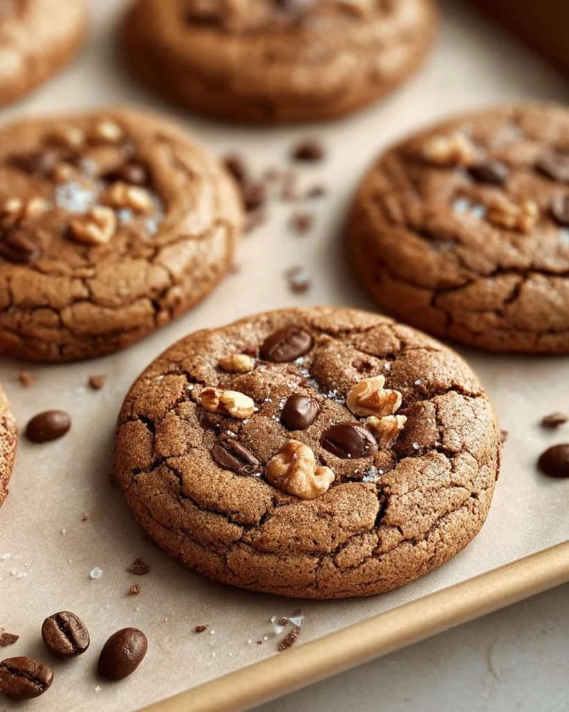 Delicious brown butter coffee toffee cookies displayed on a rustic wooden table.