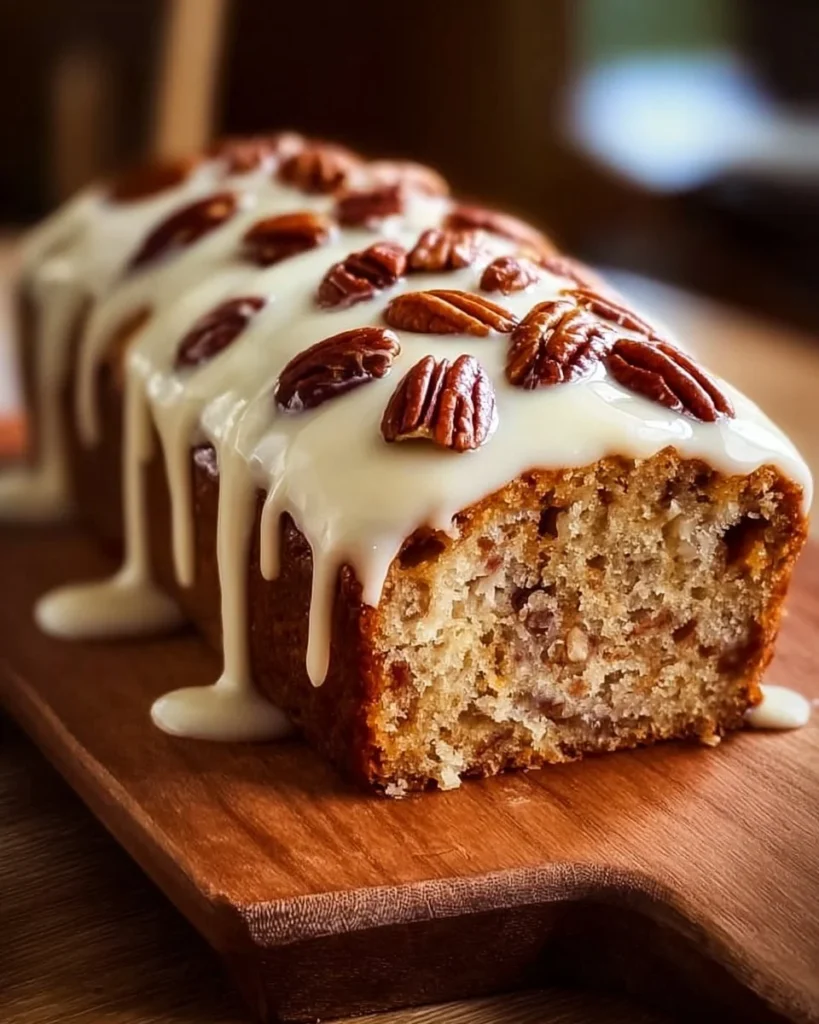 Butter Pecan Cake loaf with Cream Cheese Icing on a rustic table