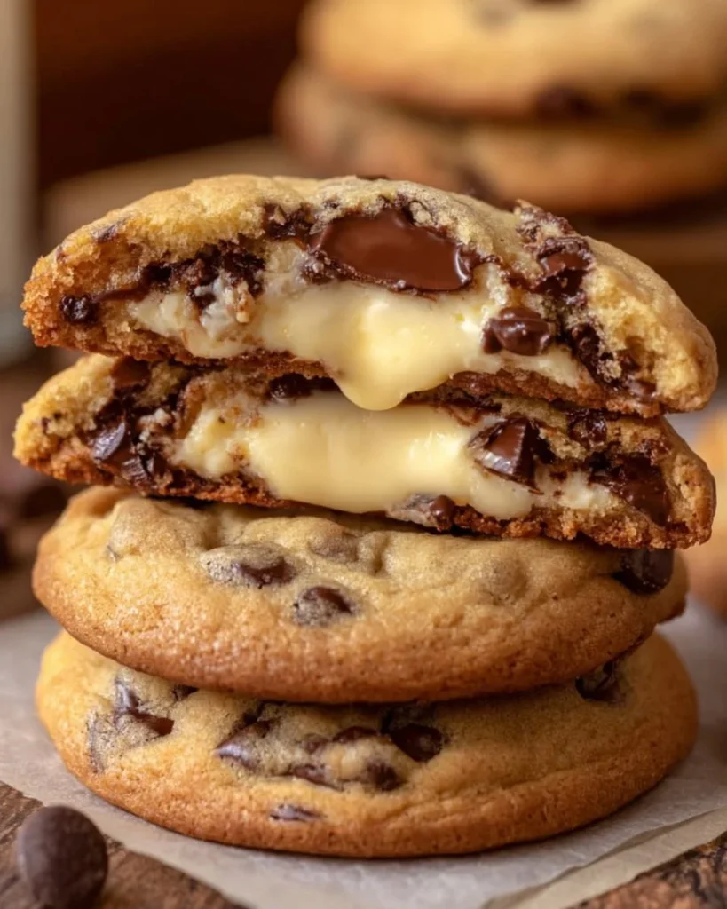 Delicious cheesecake stuffed chocolate chip cookies on a plate