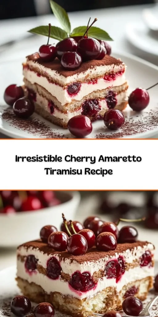 Cherry Amaretto Tiramisu dessert with layers of cherries and creamy mascarpone
