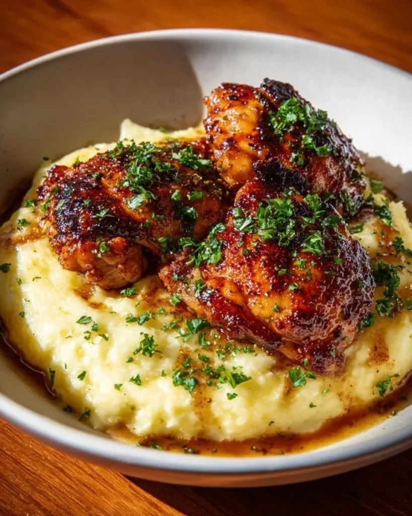 Delicious Chipotle Honey Chicken Thighs served with Smoked Gouda Mashed Potatoes