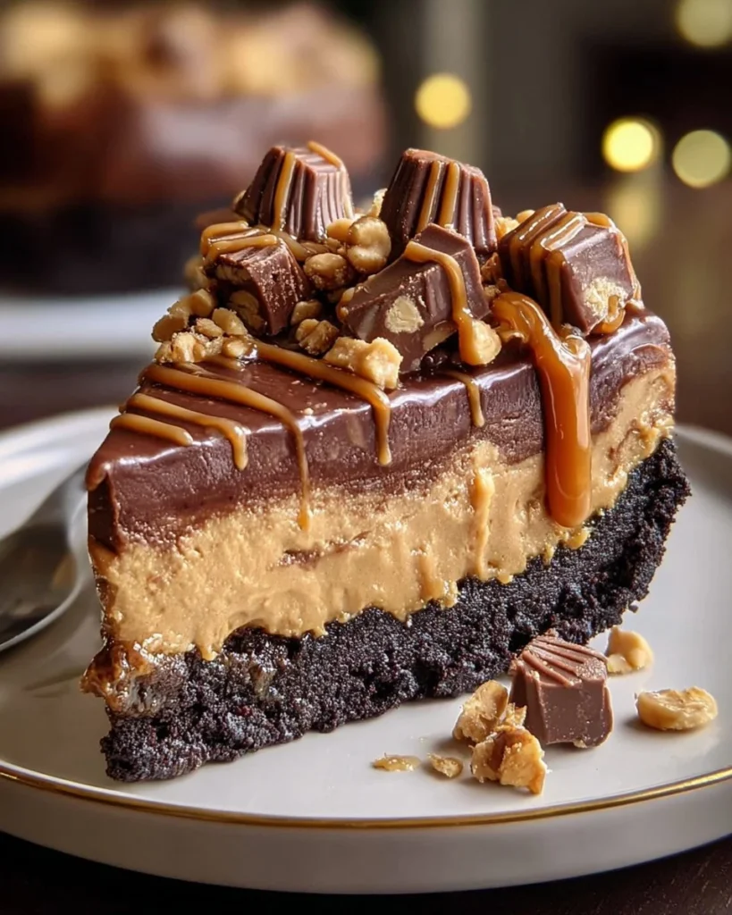 Delicious Chocolate Peanut Butter Pie topped with chocolate and peanuts