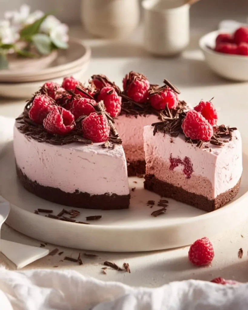 Decadent Chocolate Raspberry Mousse Cake topped with fresh raspberries