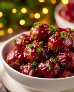 Christmas Cranberry Meatballs served on a festive platter