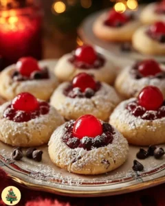 Christmas Maraschino Cherry Shortbread Cookies on a festive plate