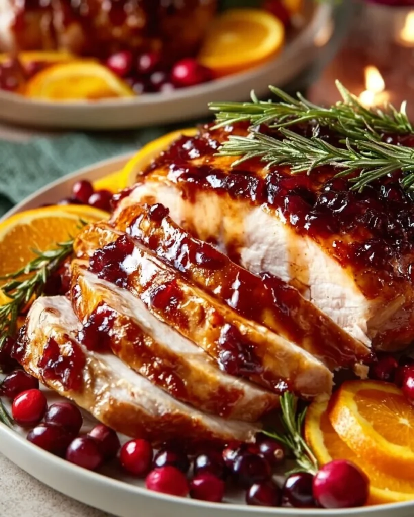Cranberry Orange Glazed Turkey Breast served on a festive dinner table