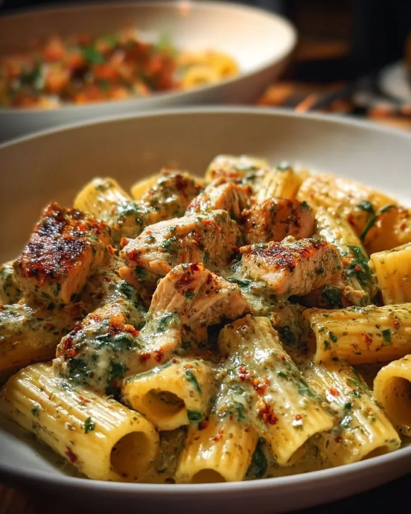 Creamy pesto chicken pasta bake in a dish topped with cheese and fresh basil